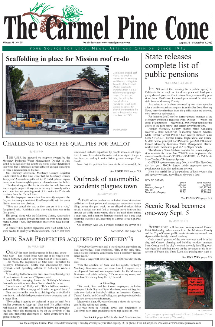 The August 31, 2012,
                front page of The Carmel Pine Cone