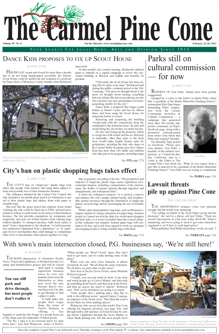 The February 22,
                2013, front page of The Carmel Pine Cone