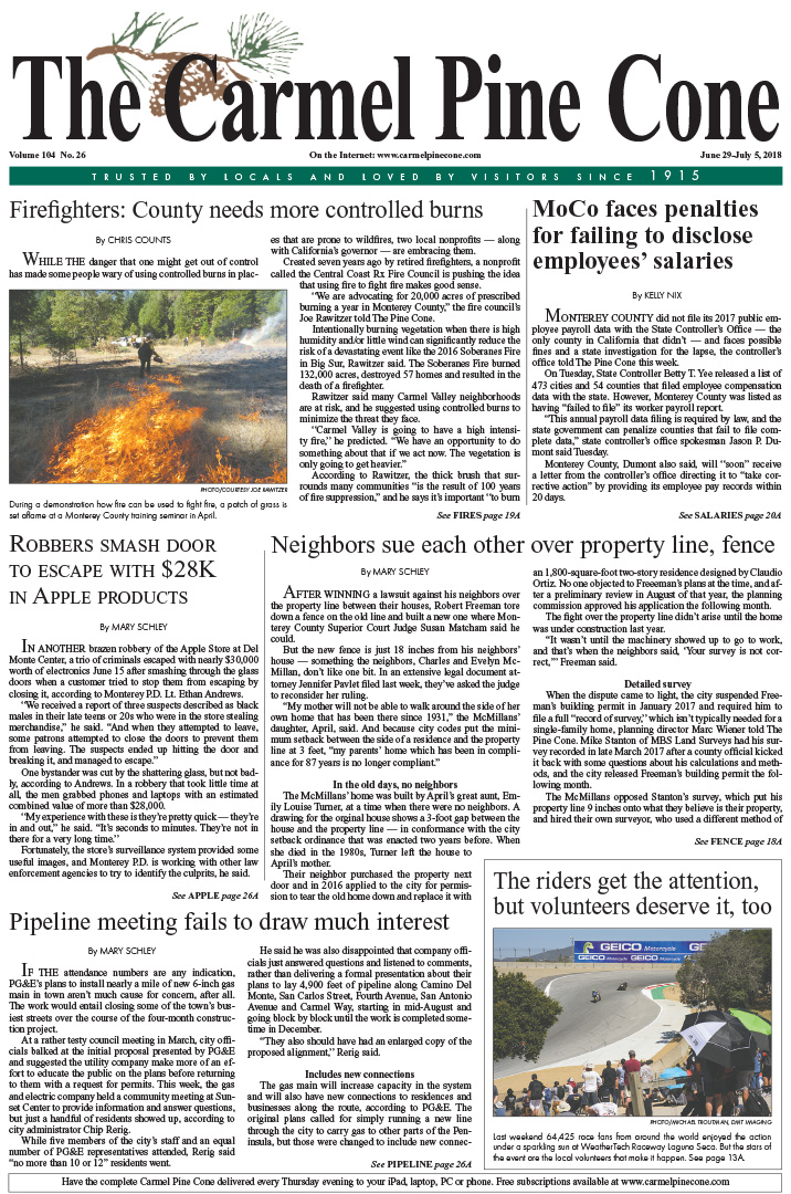 The June
                15, 2018, front page of The Carmel Pine Cone